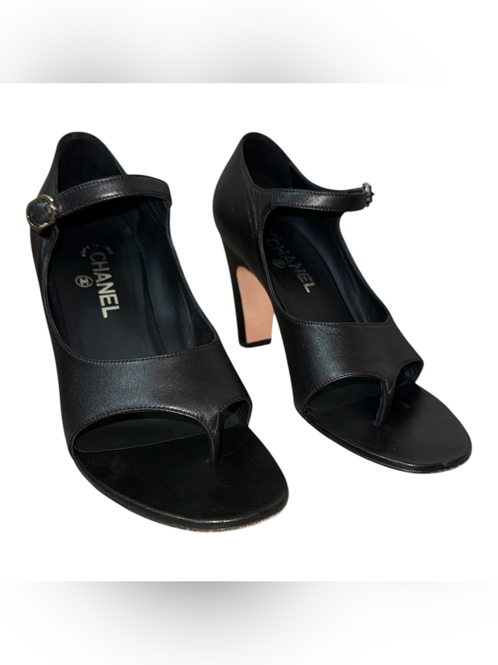 CHANEL Peep-Toe Thong Black Leather Mary Jane